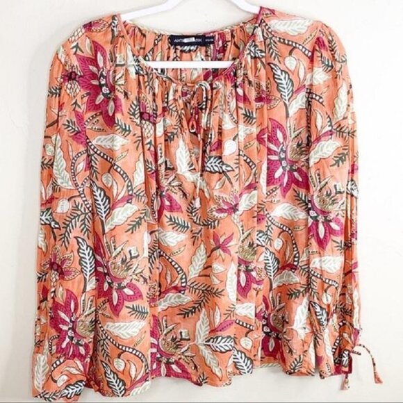 Antik Batik Orange & Pink Kalao Floral Flowy Boho Peasant Blouse size Medium EU - Picture 1 of 10